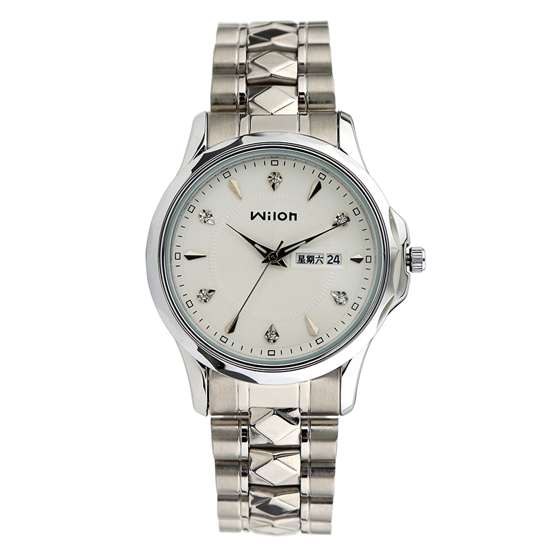 wilon新款手表 经典双日历钢带男表 闪耀水钻进口金属机芯间金立体
