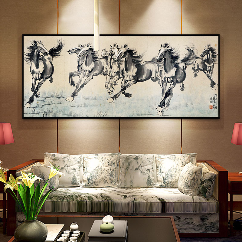 挂画现代新中式客厅沙发背景墙画办公室装饰画万马奔腾八匹马壁画牌匾