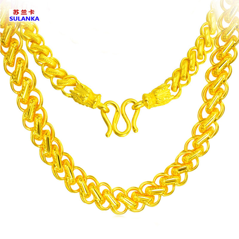 苏兰卡 镀金项链男名族风镀金链子粗久不掉色双龙头镀沙金饰品 可加长
