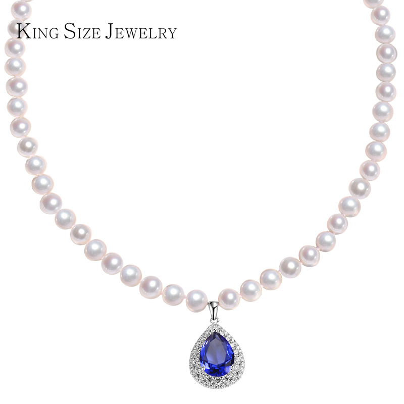 king size jewelry925银珍珠项链女士水滴形红蓝宝石色 蓝宝石色