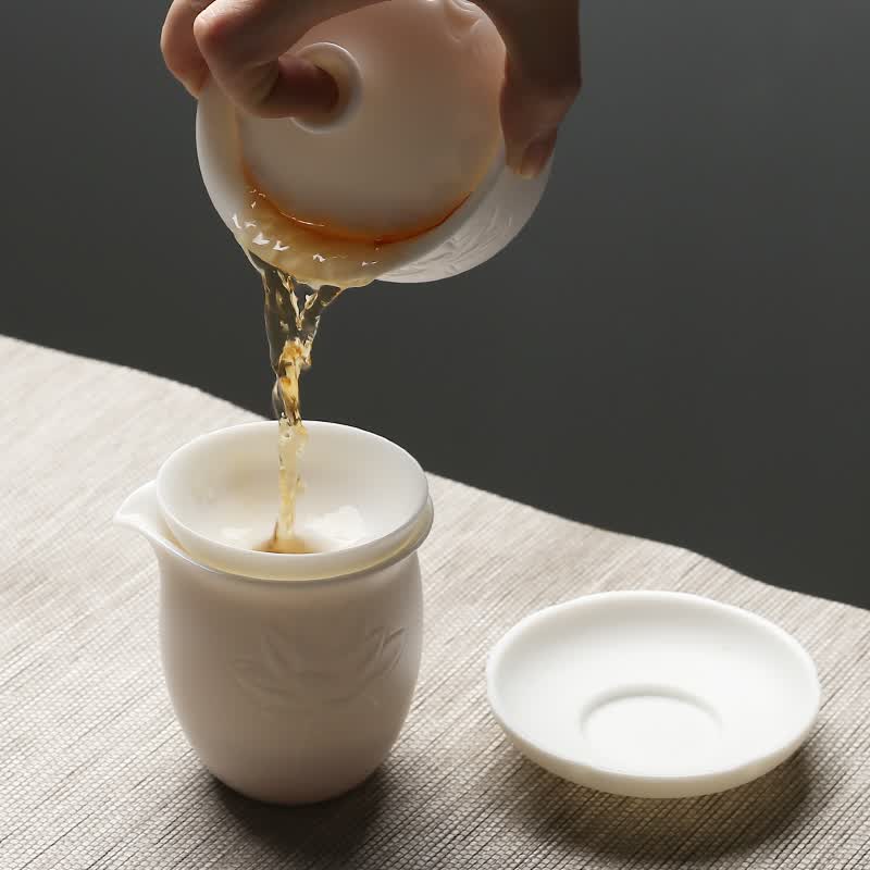 苏氏陶瓷中国白羊脂玉瓷茶具套装浮雕莲花三才盖碗中秋春节送礼功夫茶具