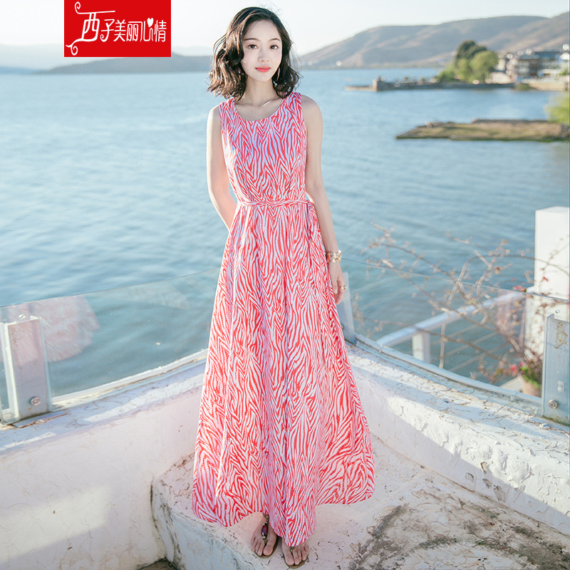 西子美丽心情夏季女装修身无袖雪纺长裙连衣裙波西米亚海边度假沙滩裙