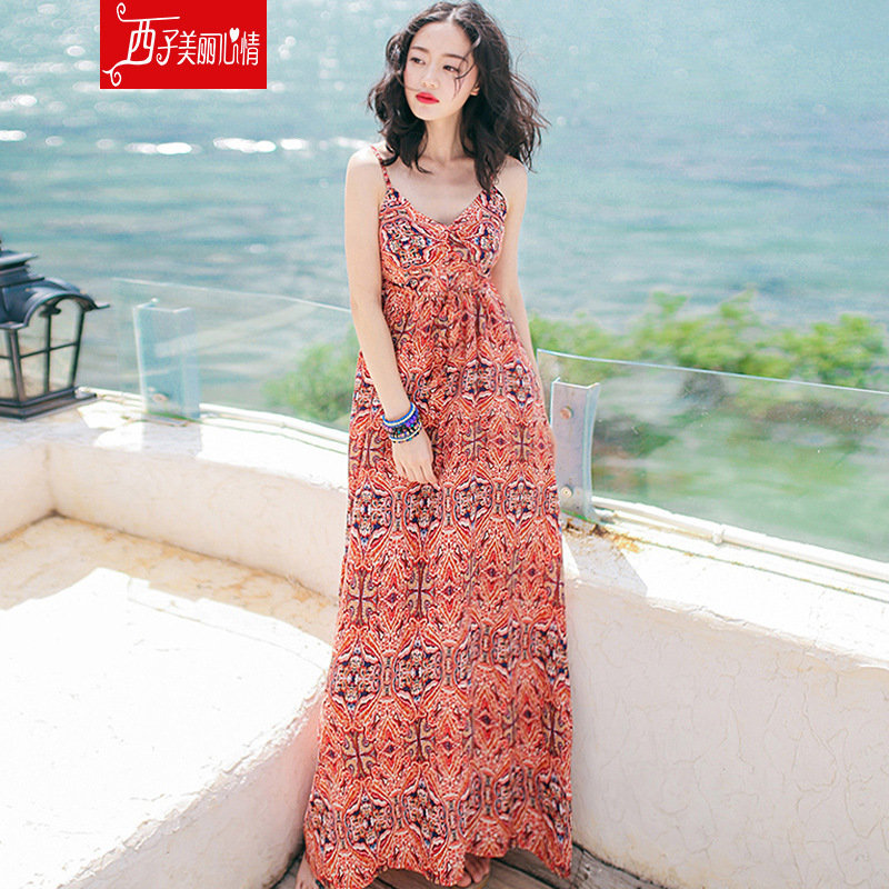 西子美丽心情夏季新款女装吊带裙子修身无袖连衣裙波西米亚长裙海边