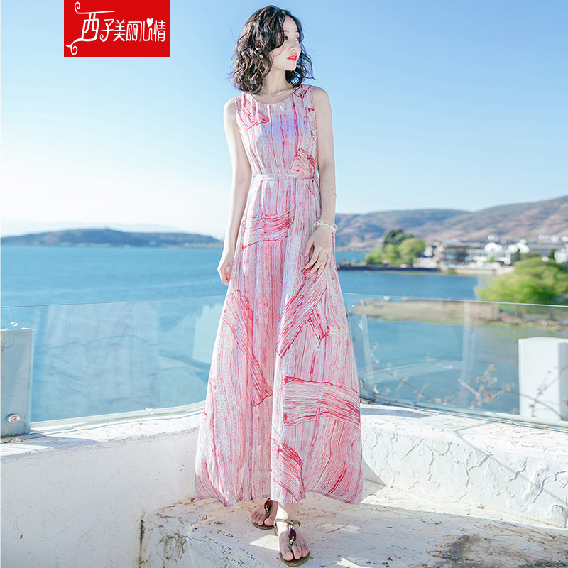 西子美丽心情2021夏季女装系带无袖雪纺连衣裙长裙波西米亚海边度假