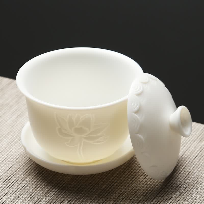 苏氏陶瓷中国白羊脂玉瓷茶具套装浮雕莲花三才盖碗中秋春节送礼功夫茶具