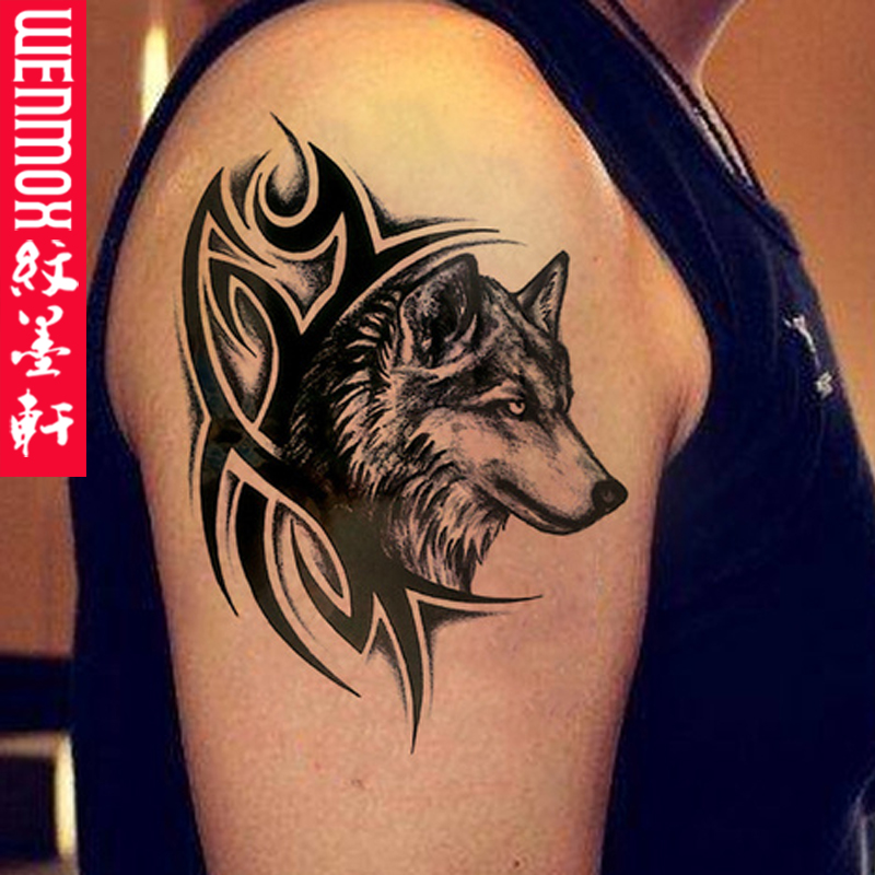纹墨轩个性狼头防水纹身贴 图腾帅气潮流手臂大腿小腿胸口男神款 仿真