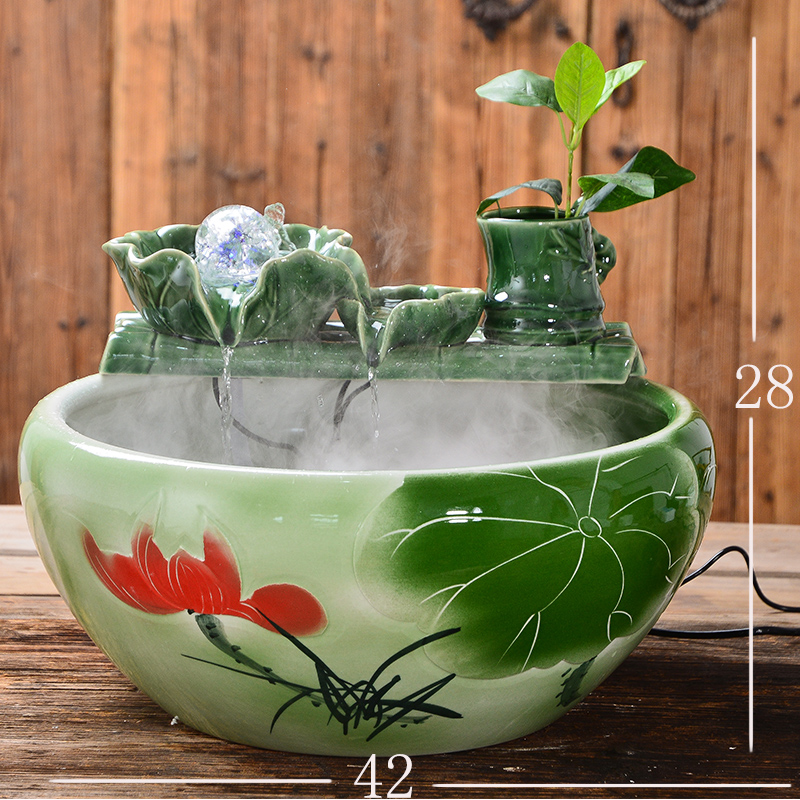 示优景德镇中式轮陶瓷鱼缸流水喷泉摆件客厅家居桌面家用创意加湿器