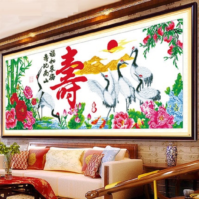 奈思十字绣寿字图丝线新款客厅大幅系列寿比南山墙画寿字图装饰仙鹤版