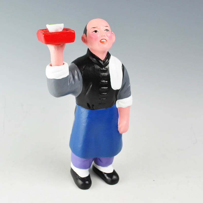 红泥坊天津泥人张彩塑 店小二跑堂 传统手工橱窗摆件商务会议礼品送