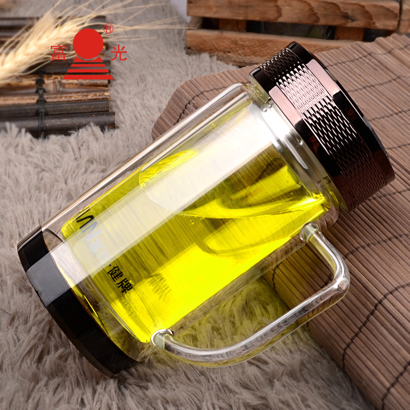 富光玻璃杯男双层水晶厚底高硼高透明水杯子 x006b带把办公杯 320ml