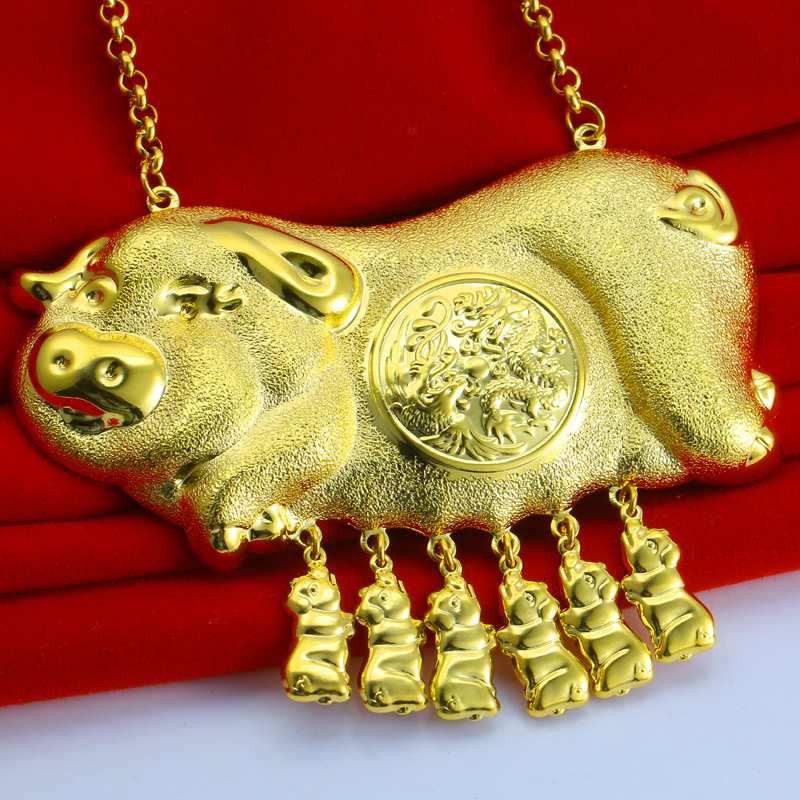 千影珠宝黄色金项链镀金敲门金猪牌吊坠女款新娘迎亲结婚首饰送礼潮流