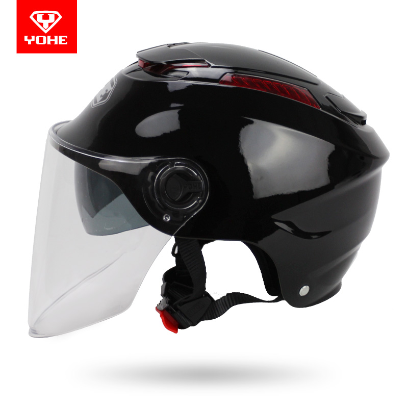yohe 永恒电瓶车头盔四季双镜片防晒男女头盔四季轻便半盔 365钢琴黑