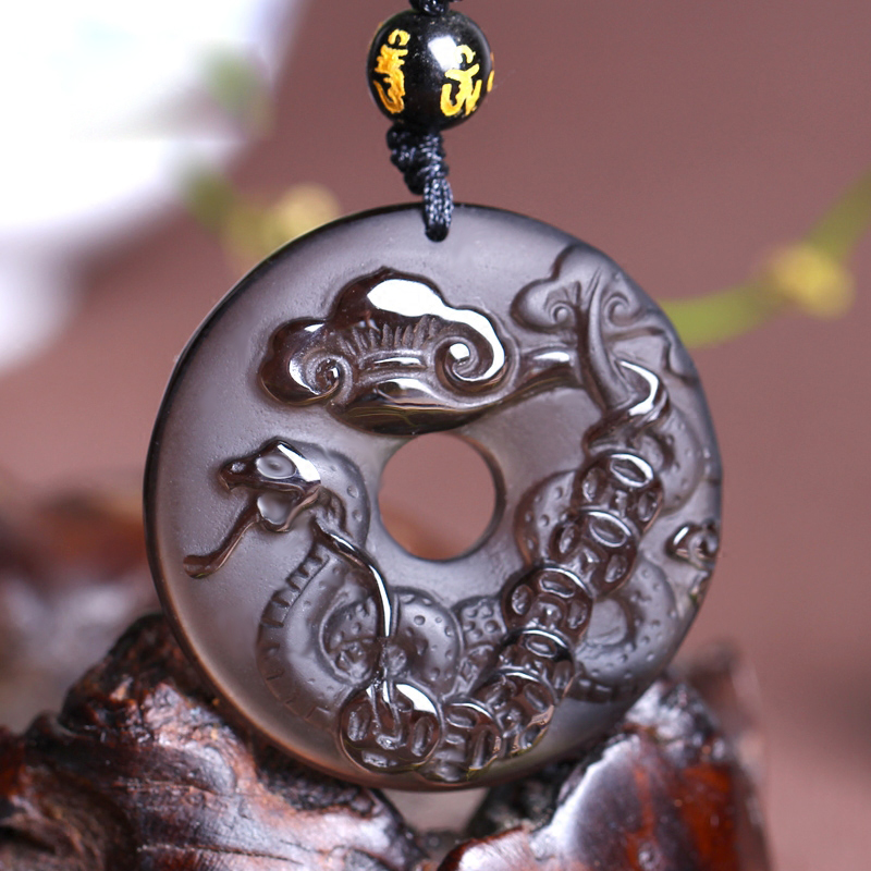 依岚黑曜石生肖蛇吊坠本命年吉祥物平安扣吊坠男女款礼物 精致绳款