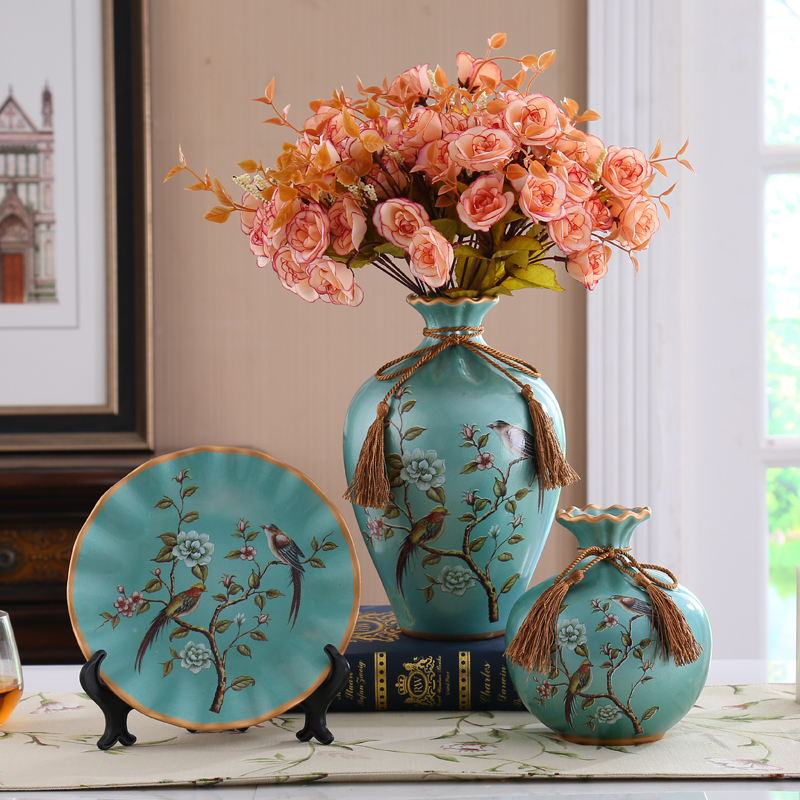 瓷梵客 欧式陶瓷三件套摆件 客厅酒柜电视柜玄关摆件书房工艺品装饰