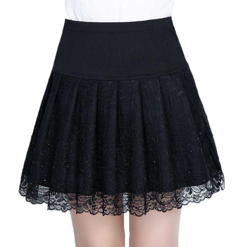 媚菲琪 春夏烫钻蕾丝短裙半身裙韩版打底裙子a字裙镶钻百褶裙提花镂空