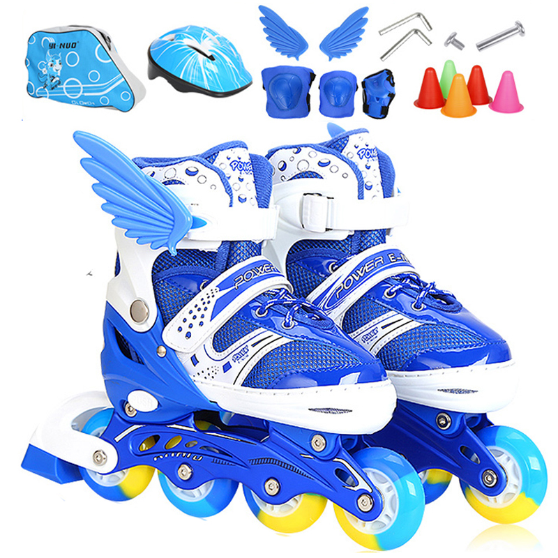 轮滑鞋可调成人儿童套装溜冰鞋闪光男女滑冰鞋 蓝色 35-38