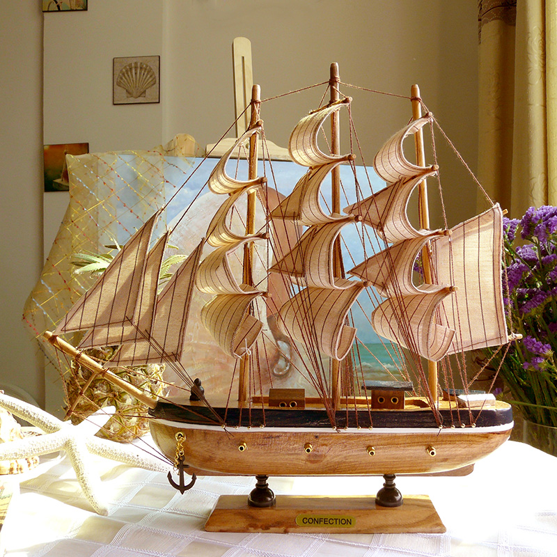 室内（Snnei）一帆风顺帆船模型摆件 客厅电视柜装饰品 酒柜玄关办公室书柜仿真木质船模工艺品 香槟色帆船