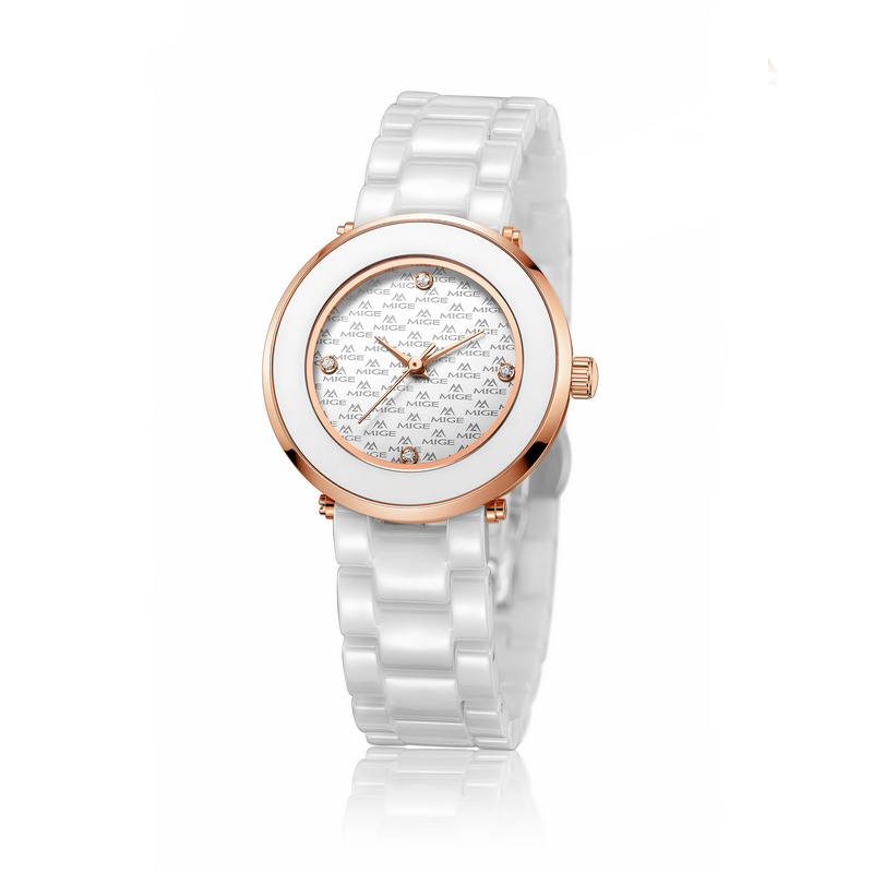 米格(mige)陶瓷女士手表进口石英表休闲水钻女表香榭丽系列5505 玫白