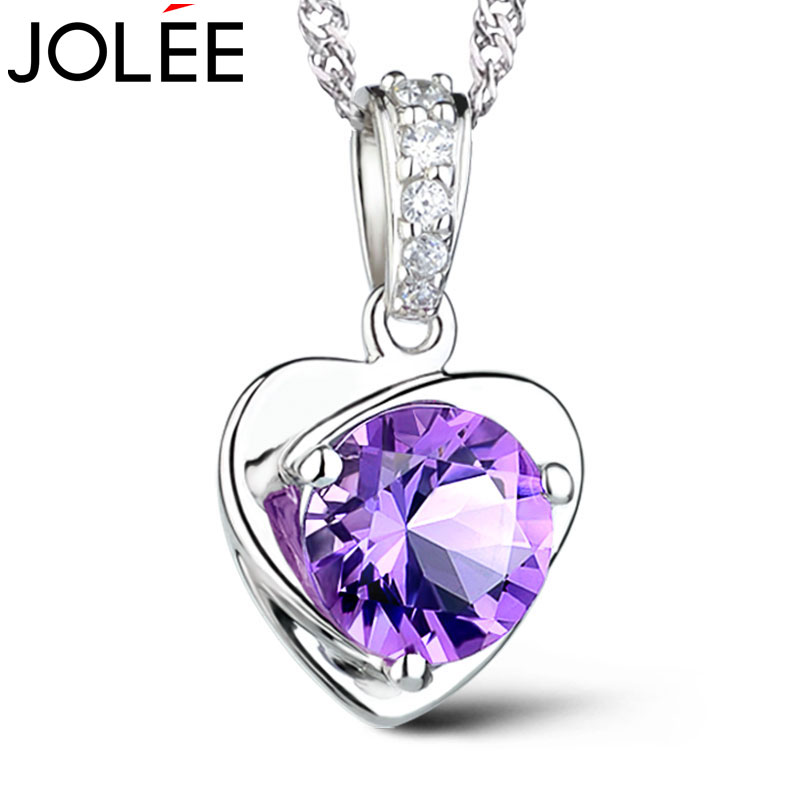 JOLEE项链女S925银爱心吊坠紫水晶彩宝锁骨链饰品送女生礼物一物一证