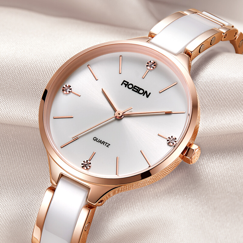 劳士顿(rosdn)女士手表 防水间陶瓷石英手表女式韩版时尚简约女表钟表