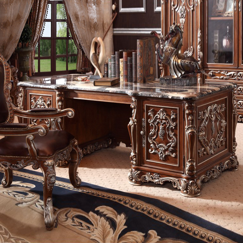 欧伦美书桌实木欧式美式实木复古大理石书桌书柜组合高端老板桌办公台