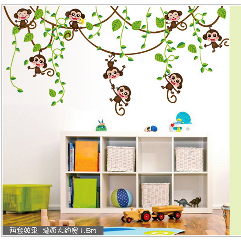 活跃猴子攀树藤贴画  儿童房幼儿园装饰贴纸 绿色墙贴 猴子倒挂树500