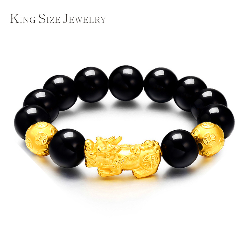 jewelry黄金貔貅手链男士 路路通转运珠3d硬黄金 送男友 14mm珠 款式