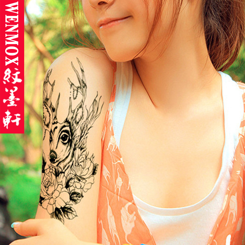 纹墨轩 麋鹿玫瑰串珠防水纹身贴 性感时尚纹身贴纸