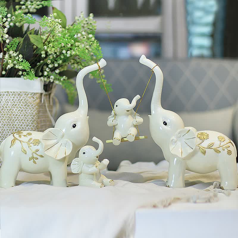 小象客厅电视柜酒柜工艺家居装饰品大象摆件 礼盒包装 大号荡秋千一家