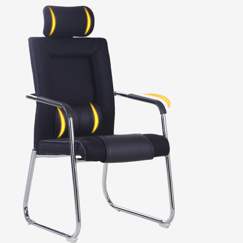 品伟 简约电脑椅家用椅子弓形高靠背办公会议椅 职员座椅人体工学椅 黑色网布电脑桌椅 黑色 固定扶手