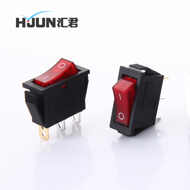 汇君船型开关kcd3 电炒锅电热锅开关配件按钮3300w 3脚2档红色带灯