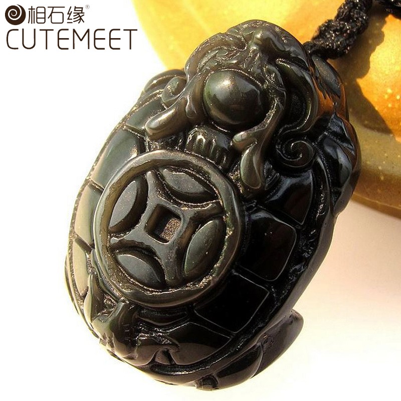 相石缘龙头龟彩虹眼黑曜石龙龟吊坠男女项链玄武天然乌金黑火山石