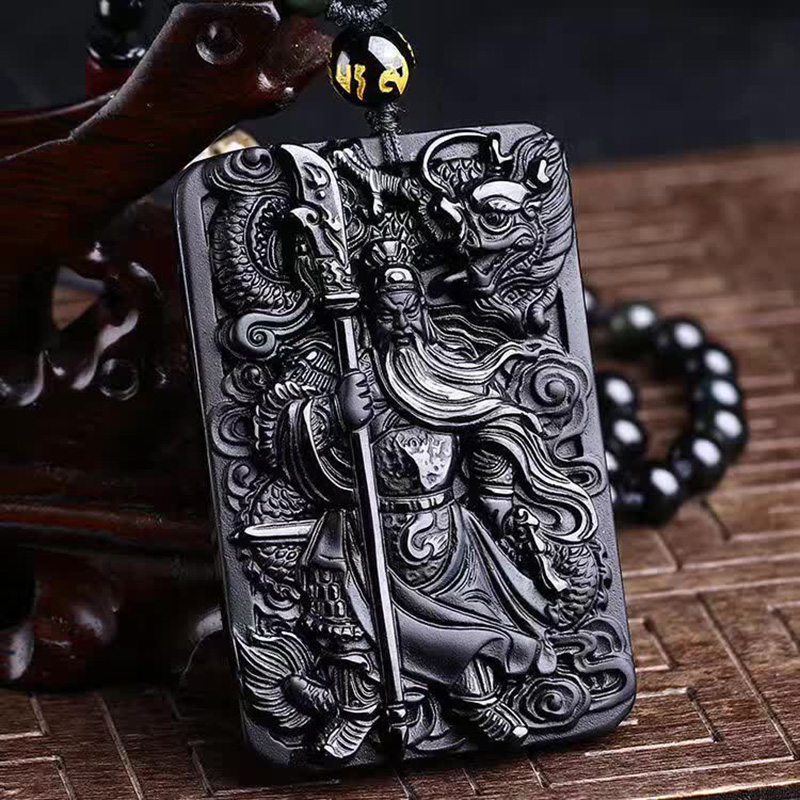 中工美 天然黑曜石毛衣链 水晶吊坠项链 黑曜石吊坠 玉龙关公无事牌