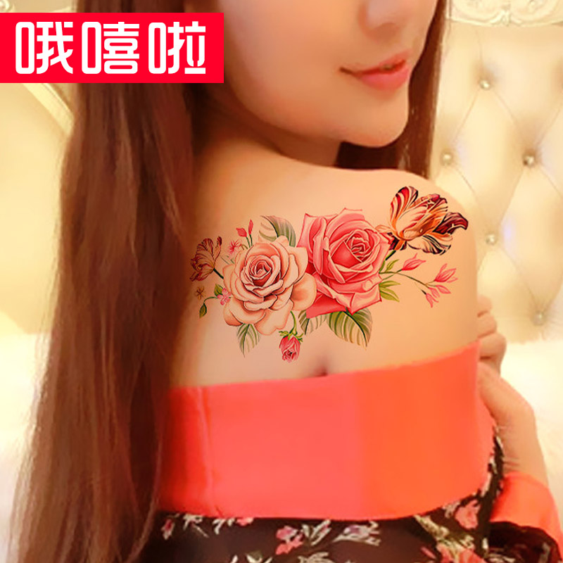 哦嘻啦女神款古装影楼写真性感腹部粉色玫瑰花朵逼真遮疤痕防水纹身