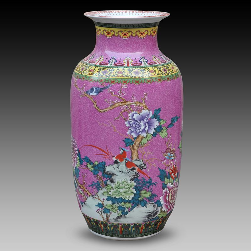 奋行景德镇陶瓷冬瓜花瓶珐琅彩粉红花鸟冬瓜客厅落地大花瓶摆件