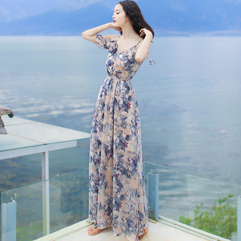 西子美丽心情夏季女装吊带裙子雪纺连衣裙长裙波西米亚海边度假沙滩裙