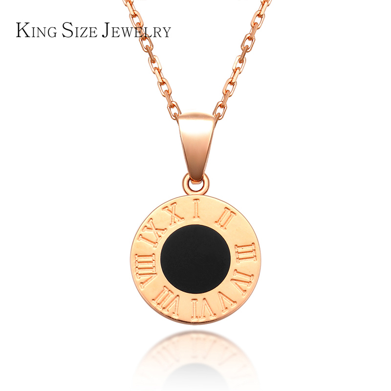 king size jewelry18k金时尚黑玛瑙吊坠 玫瑰金色 圆形项链 18k金玫瑰