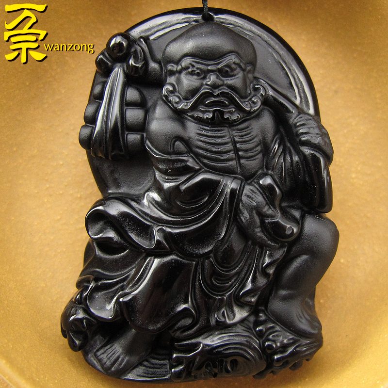 万宗【一苇渡江】天然黑曜石达摩吊坠男女项链水晶禅宗乌金黑级