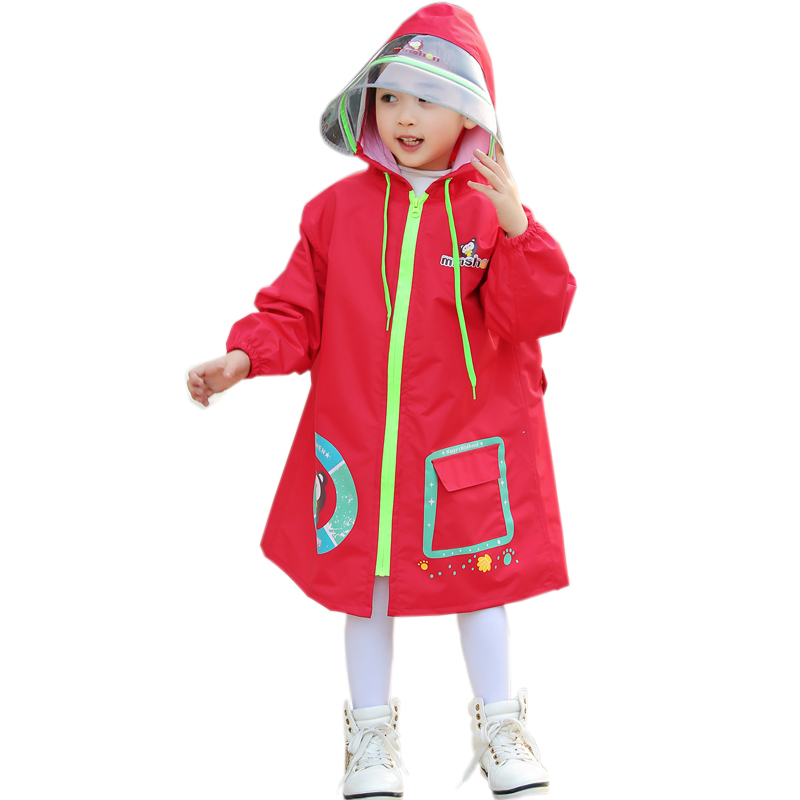 儿童雨衣带书包位大帽檐男生女省雨衣可爱雨披可配雨鞋 红色 XL