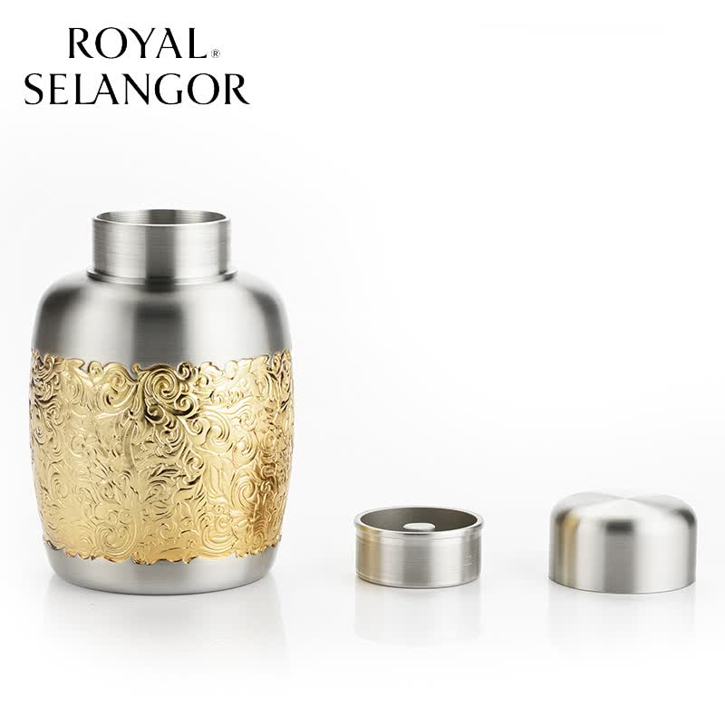 皇家雪兰莪锡制锦绣东南风茶叶罐 马来西亚锡器茶具 商务礼品送长辈 014453E茶罐镀金（小）