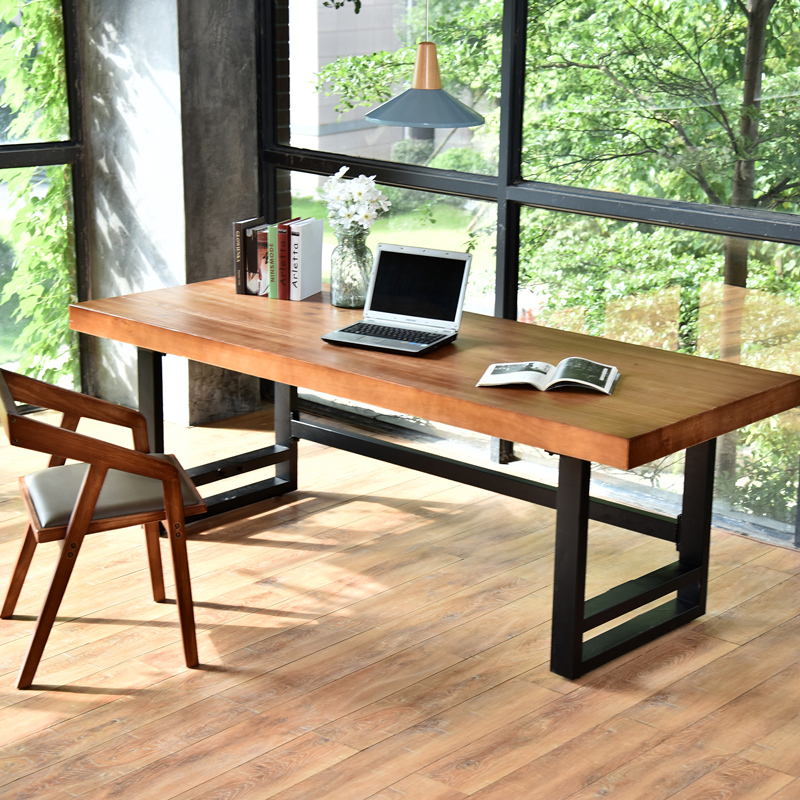 简约现代铁艺实木办公桌会议桌餐桌电脑桌写字台书桌桌子台式长桌 120*60*73木板厚度3厘米