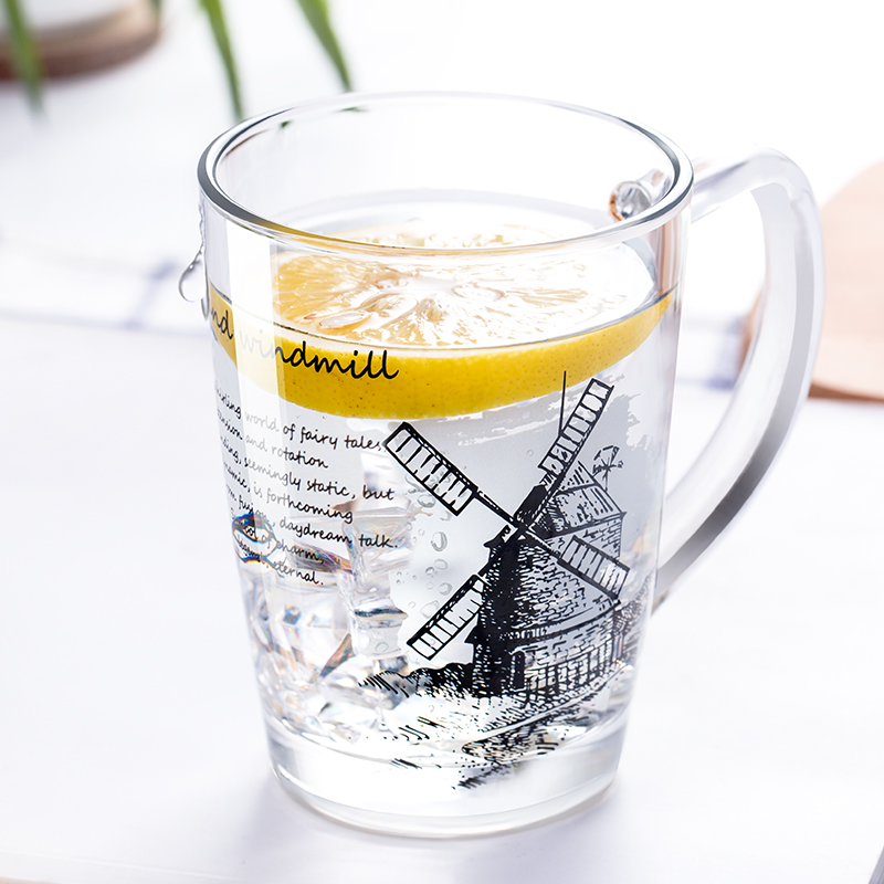 艾美诺（AMINNO）玻璃马克杯加厚耐热带把印花玻璃杯果汁牛奶创意玻璃水杯 加林马克杯—荷兰风车