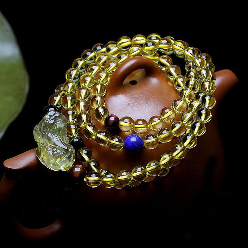 臻莱 黄水晶佛珠手链多圈新潮饰品男女礼物貔貅手串 男款8mm三圈17-19