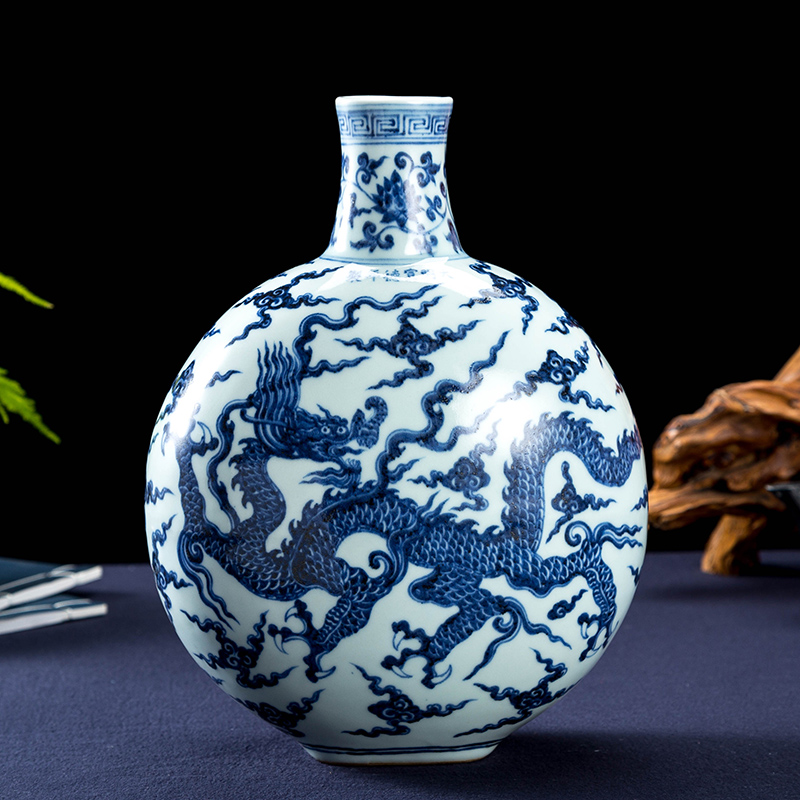 泉讨  青花瓷器 复古瓷器 宣德扁瓶 家居摆件 宣德抱月瓶