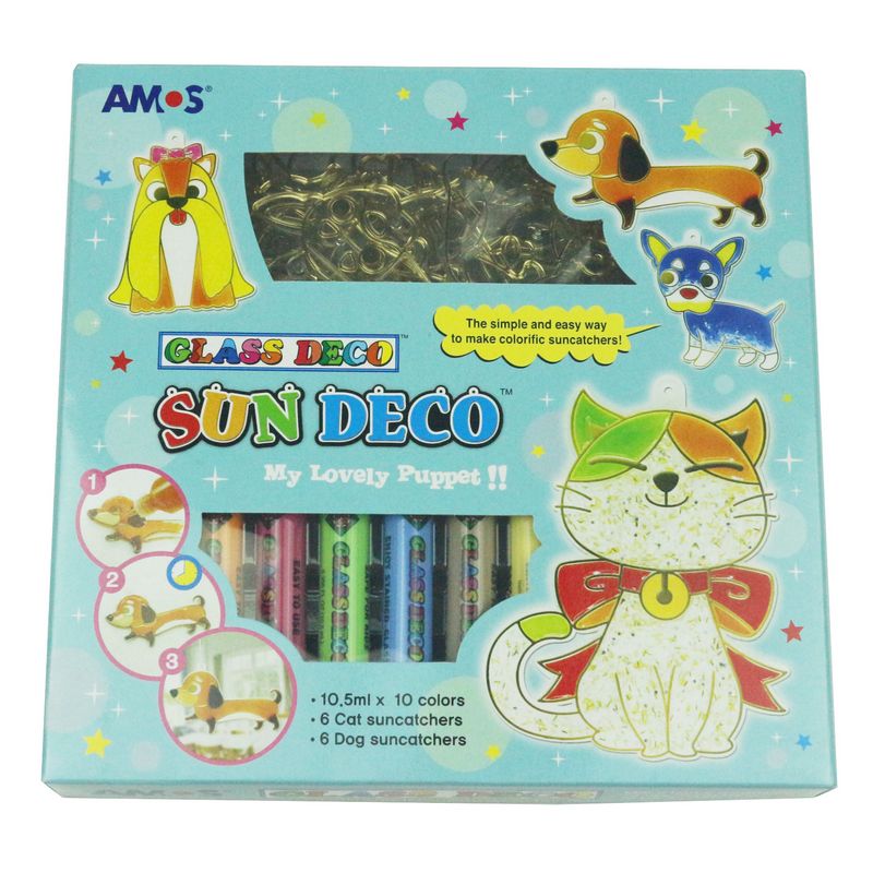 阿摩司韩国进口AMOS儿童透光胶画套装10色手工DIY宠物套装免烤玻璃胶画
