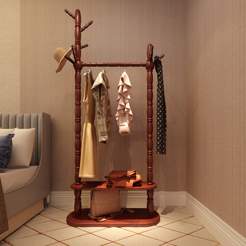 卡拉圣帝欧式实木衣帽架双层落地卧室挂衣架客厅创意木衣架 红棕色【长80厘米】
