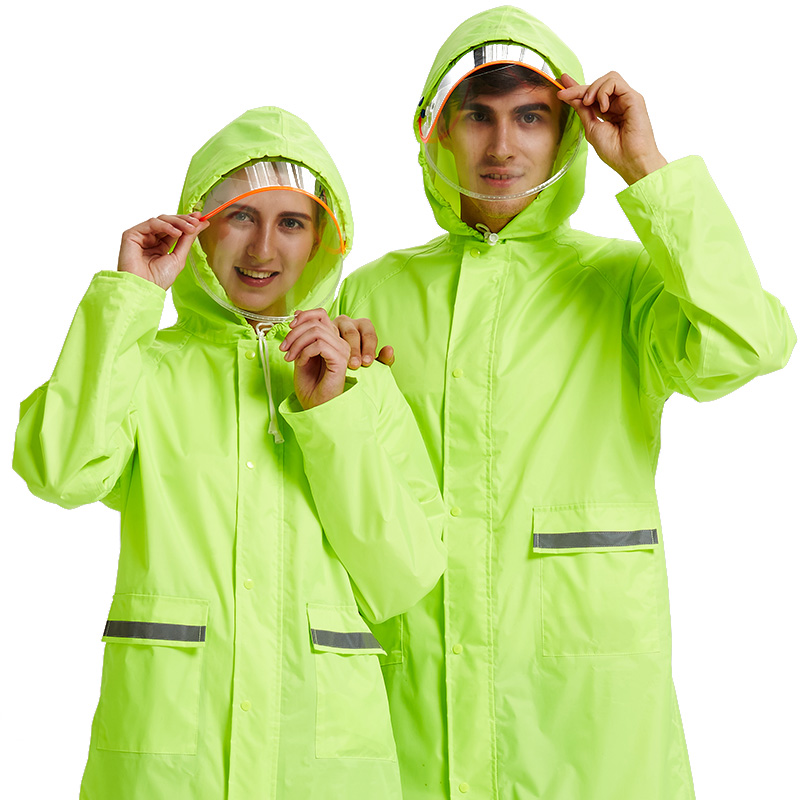 强迪雨衣双层面罩带反光条长版可戴头罩男女户外雨披风衣款 荧光绿 XL号