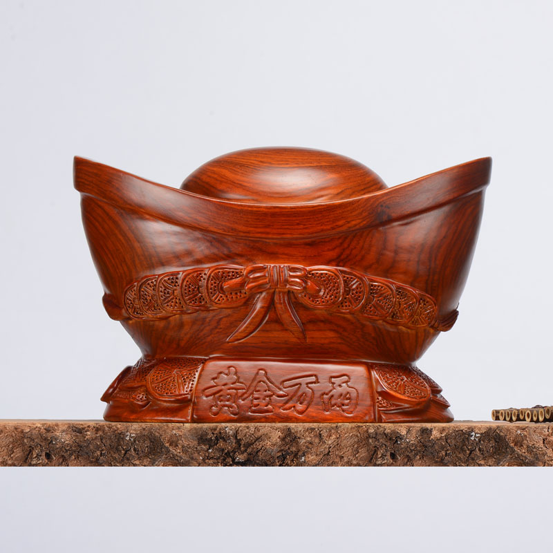 聚宝盆客厅装饰品雕刻工艺品 开业迁居新年礼品结 手工雕刻整木长40cm