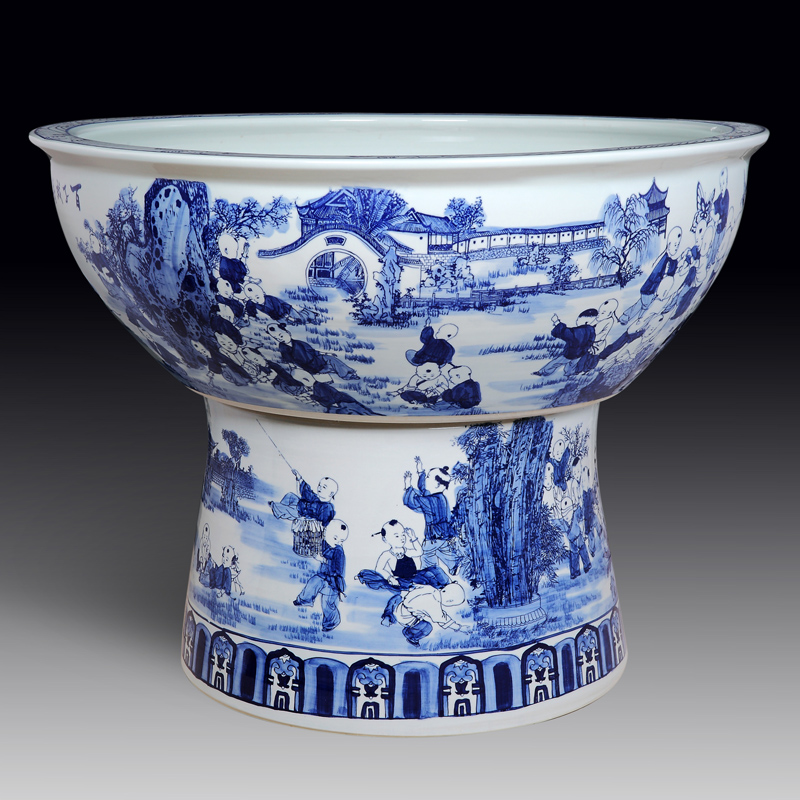 陶瓷手绘百子图大号睡莲家居鱼缸 直径100cm 高75cm