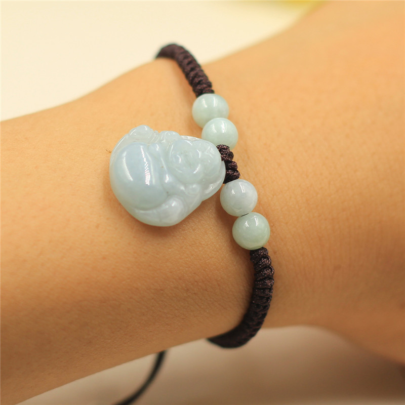 碧凤阁 翡翠玉石玉佛手链 女士手绳弥勒笑佛红绳手工编织手串 咖啡色